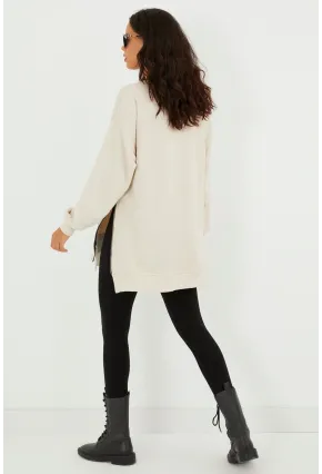 Kadın Ekru Yanları Fermuarlı Oversize Sweatshirt BK231095