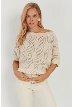 Kadın Ekru Yarasa Kol Ajurlu Triko Bluz YZ621