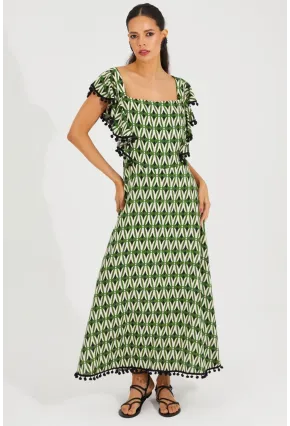 Kadın Ekru-Yeşil Sırtı Gipeli Kare Yaka Elbise BK1650