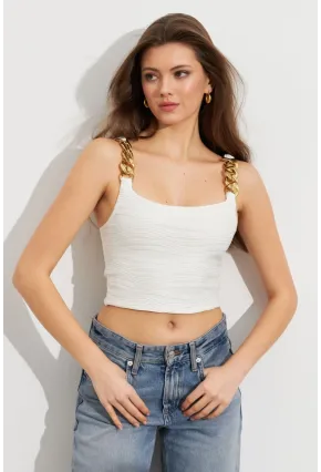 Kadın Ekru Zincir Askılı Astarlı Crop Bluz LİT109