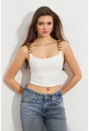 Kadın Ekru Zincir Askılı Astarlı Crop Bluz LİT109