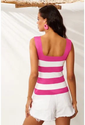 Kadın Fuşya-Beyaz Kare Yaka Triko Bluz YV80