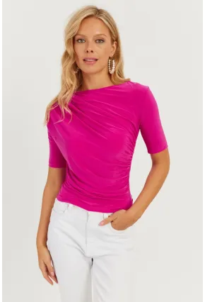 Kadın Fuşya Büzgülü Bluz YZ623