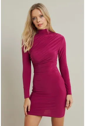 Kadın Fuşya Büzgülü Dik Yaka Mini Elbise ELT3138-90