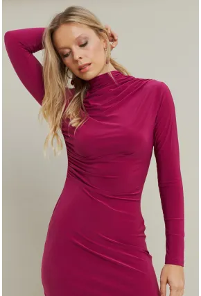 Kadın Fuşya Büzgülü Dik Yaka Mini Elbise ELT3138-90