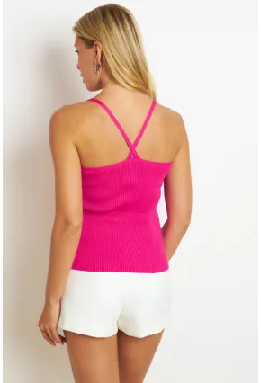 Kadın Fuşya Çapraz Askılı Triko Bluz KAZ07