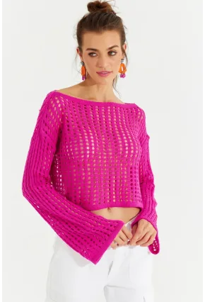 Kadın Fuşya İspanyol Kol Ajurlu Triko Kısa Bluz SMT181