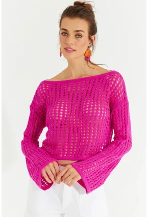 Kadın Fuşya İspanyol Kol Ajurlu Triko Kısa Bluz SMT181