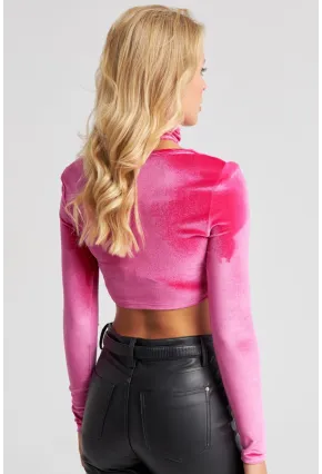 Kadın Fuşya Kare Yaka Boyunluklu Kadife Crop Bluz B2867