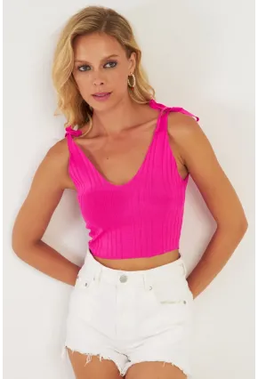 Kadın Fuşya Omuzları Bağlamalı Triko Bluz YV260