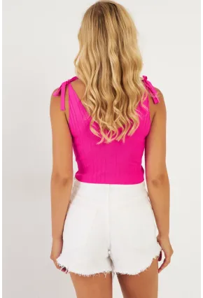 Kadın Fuşya Omuzları Bağlamalı Triko Bluz YV260