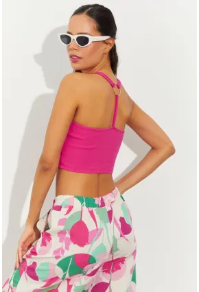 Kadın Fuşya Sırtı Halkalı Kaşkorse Crop Bluz B2552