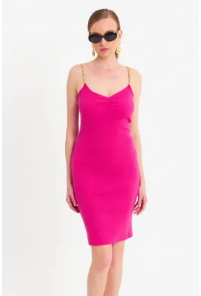 Kadın Fuşya Zincir Askılı Kaşkorse Midi Elbise UR204