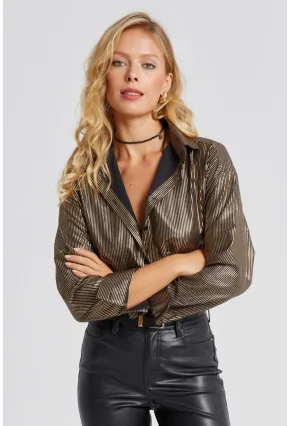 Kadın Gold Rengi Çizgili Parlak Gömlek SF2531