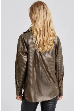 Kadın Gold Rengi Çizgili Parlak Gömlek SF2531