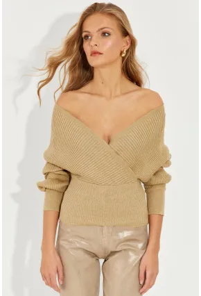 Kadın Gold Rengi Kruvaze Simli Kazak KED125