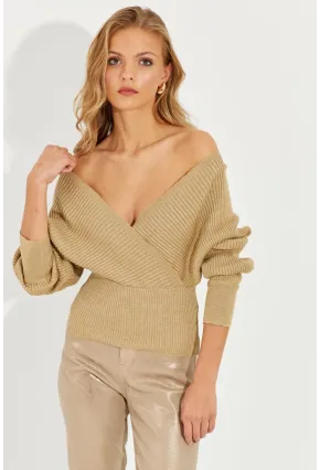 Kadın Gold Rengi Kruvaze Simli Kazak KED125