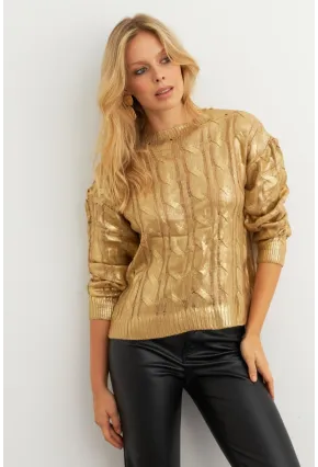Kadın Gold Rengi Saç Örgülü Vatkalı Triko Bluz RM618