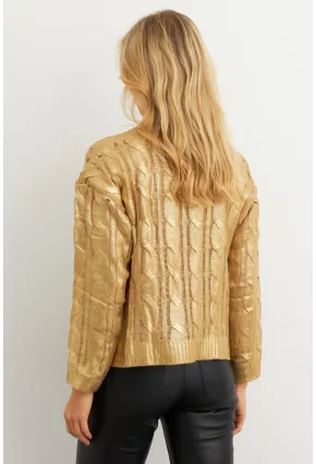 Kadın Gold Rengi Saç Örgülü Vatkalı Triko Bluz RM618