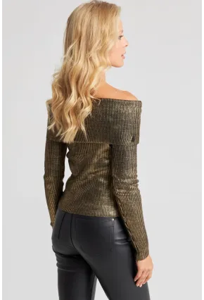 Kadın Gold Rengi Varaklı Madonna Triko Bluz SF2523