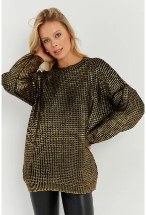 Kadın Gold Rengi Varaklı Triko Kazak SF2534