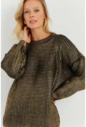 Kadın Gold Rengi Varaklı Triko Kazak SF2534