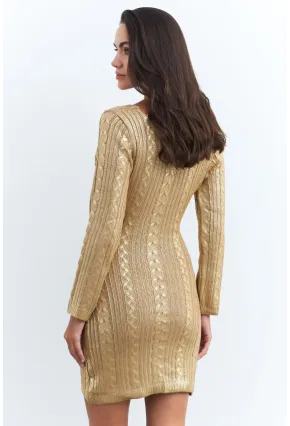 Kadın Gold Varaklı Saç Örgülü Midi Elbise RM05