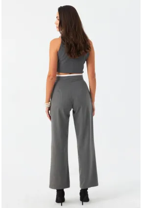 Kadın Gri Beli Bağlamalı Palazzo Pantolon ELA3972