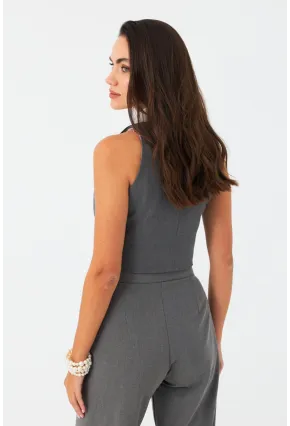 Kadın Gri-Beyaz Yaka Detaylı Astarlı Yelek ELA6823