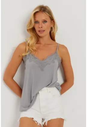 Kadın Gri Dantel Detaylı Atlet AYD265