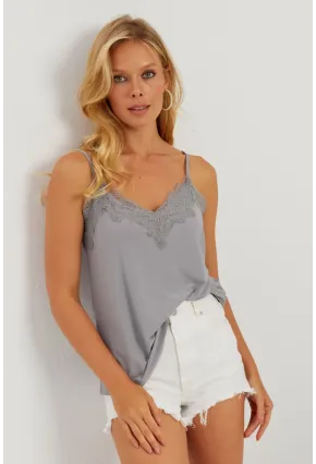 Kadın Gri Dantel Detaylı Atlet AYD265