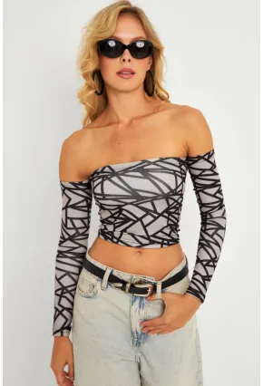 Kadın Gri Desenli Crop Bluz CG378
