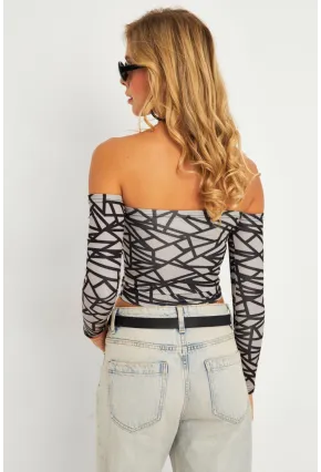 Kadın Gri Desenli Crop Bluz CG378