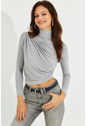 Kadın Gri Drapeli Bluz LPP1226