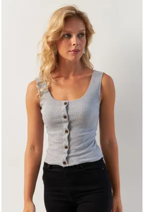 Kadın Gri Düğme Aksesuarlı Bluz MK14