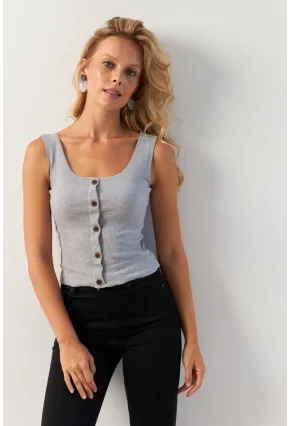 Kadın Gri Düğme Aksesuarlı Bluz MK14