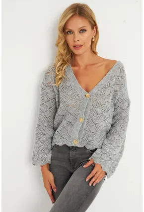 Kadın Gri Düğme Detaylı Hırka YV276