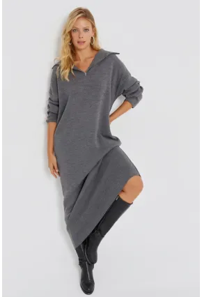 Kadın Gri Fermuarlı Triko Maxi Elbise SF2525