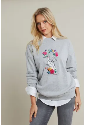 Kadın Gri-Fuşya Nakışlı Sweatshirt YLE20