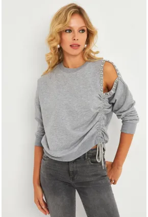 Kadın Gri İnci Detaylı Büzgülü Sweatshirt RLO04
