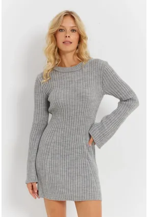 Kadın Gri İspanyol Kol Triko Mini Elbise YV273