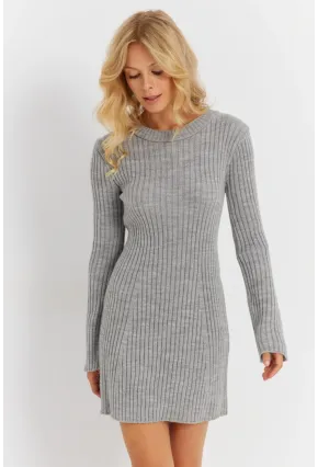 Kadın Gri İspanyol Kol Triko Mini Elbise YV273