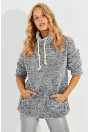 Kadın Gri Kanguru Cep Peluş Sweatshirt Q978