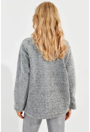 Kadın Gri Kanguru Cep Peluş Sweatshirt Q978