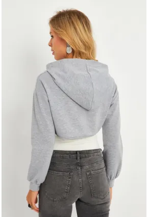 Kadın Gri Kapüşonlu Crop Sweatshirt  TF03