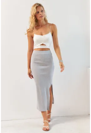Kadın Gri Kaşkorse Midi Etek XL2034