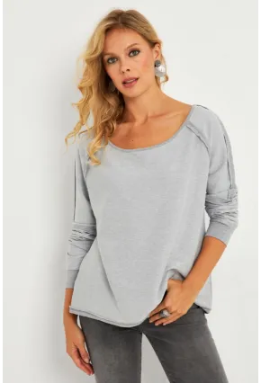 Kadın Gri Kayık Yaka Ters Dikişli Sweatshirt TF10
