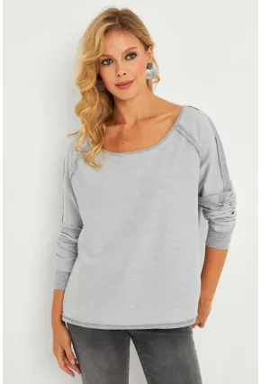 Kadın Gri Kayık Yaka Ters Dikişli Sweatshirt TF10