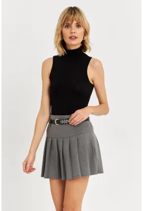 Kadın Gri Kemerli Pilili Mini Etek ELA6024