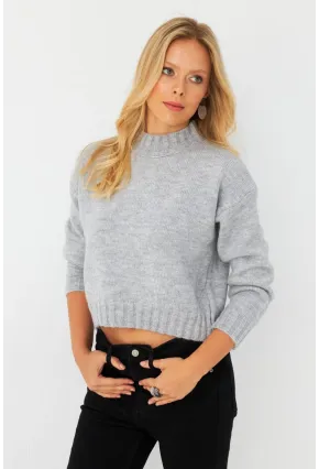 Kadın Gri Kısa Triko Kazak YV301